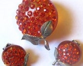 Sale  Vintage Demi Parure  Red Lucite  and Rhinestone Frobidden Fruit Apple or Cherry Brooch and Earrings