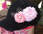 Toddler Military Style hat Chic black with shabby chic frayed chiffon flower and polka dot guinea feathers