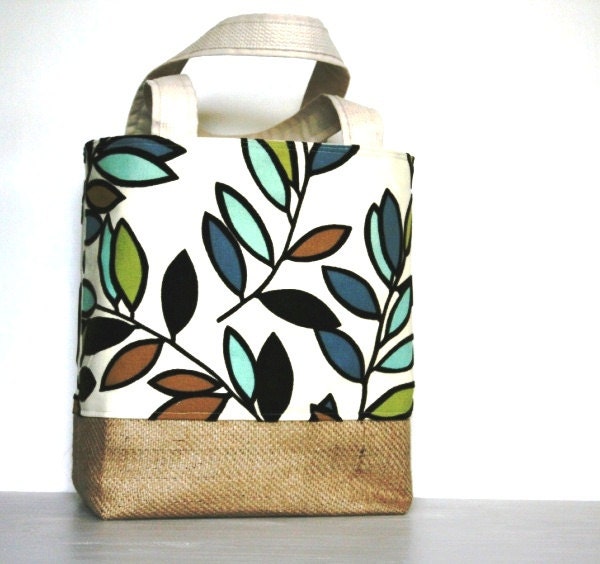 Large Canvas Burlap Tote Boho Mint Sage Leaves Mojito