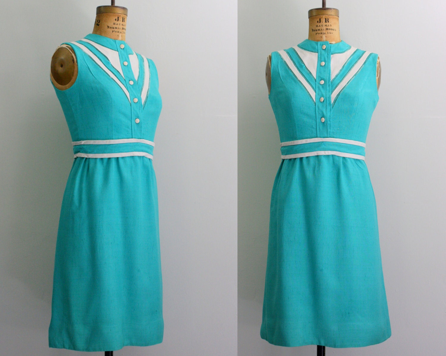 1960s linen dress / 60s teal dress / sheath dress medium