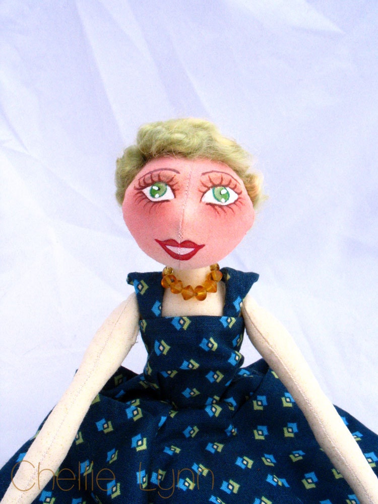 Retro OOAK Cloth Art Doll, Vivian in Navy Blue