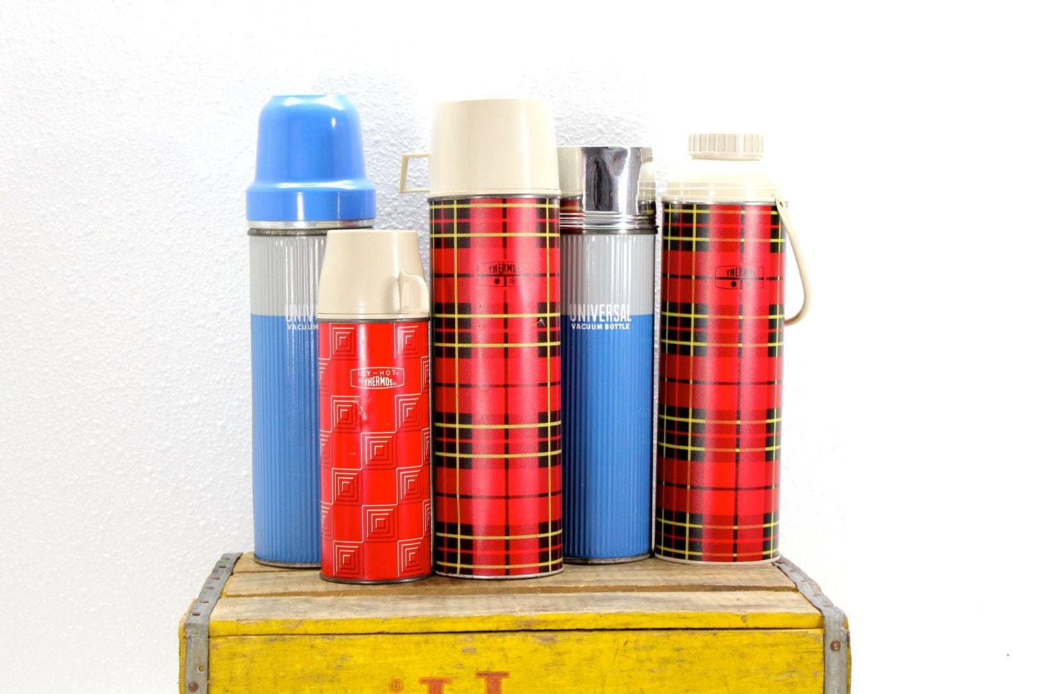 Thermos Collection-Set of 5-Plaid Blue Retro