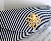 Nautical navy blue clutch bag with gold octopus, striped clutch, bridesmaid clutch, nautical wedding.