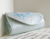 Pale blue silk clutch purse with lace butterflies, Dupioni silk clutch bag