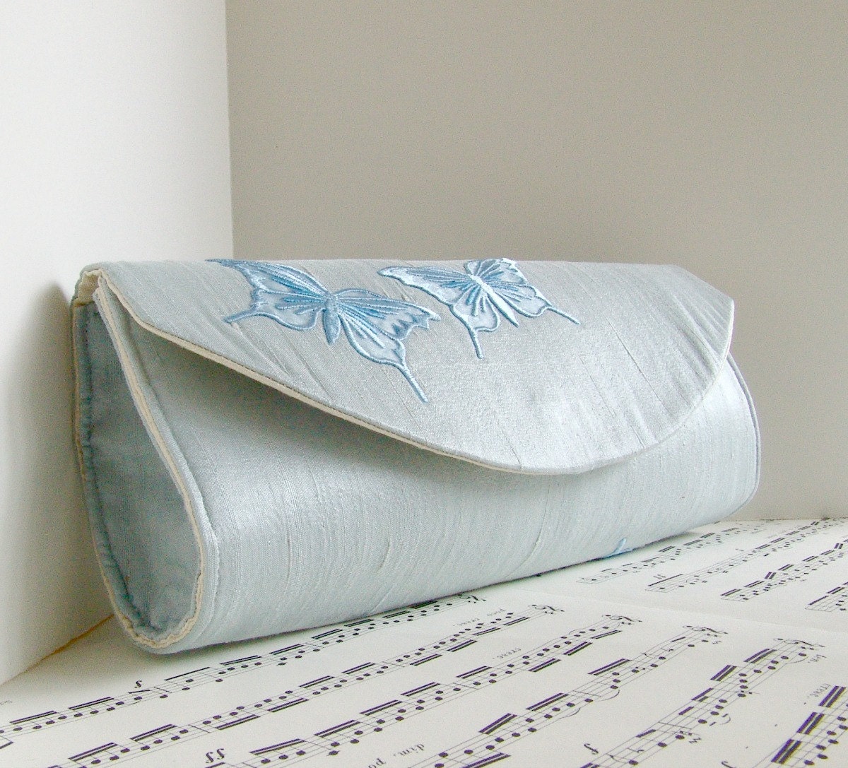 Pale blue silk clutch purse with lace butterflies, Dupioni silk clutch bag