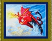 Red Dragon Hurls Balls of Fire Into The Sky- Kustom Krafts Counted Cross Stich Design