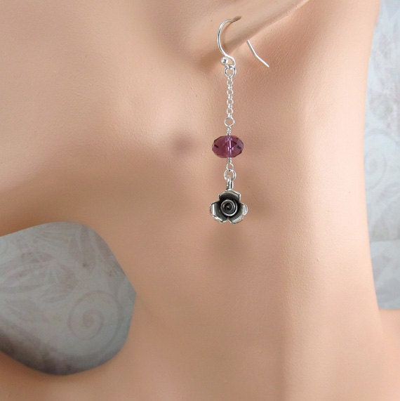 Amethyst Earrings Purple Crystal Swarovski Rose Flower Silver