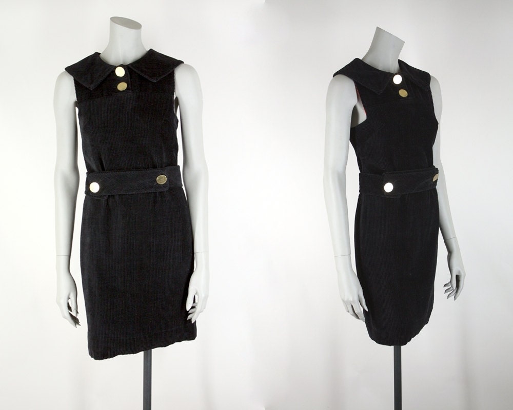 Vintage 1960s Mod Dress : 60s Mary Quant Black Corduroy Belted Shift Dress XS
