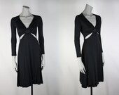 Vintage 70s Dress : 1970s Long Sleeve Black Cut Out Jersey Dress XS