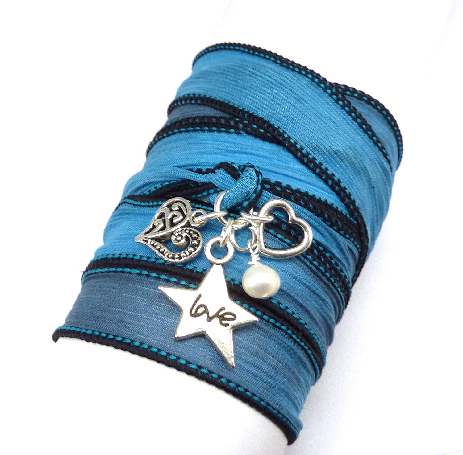 Silk Ribbon Wrap Bracelet with Love, Heart Charms, and Pearl, silk wrap bracelet, wrap bracelet