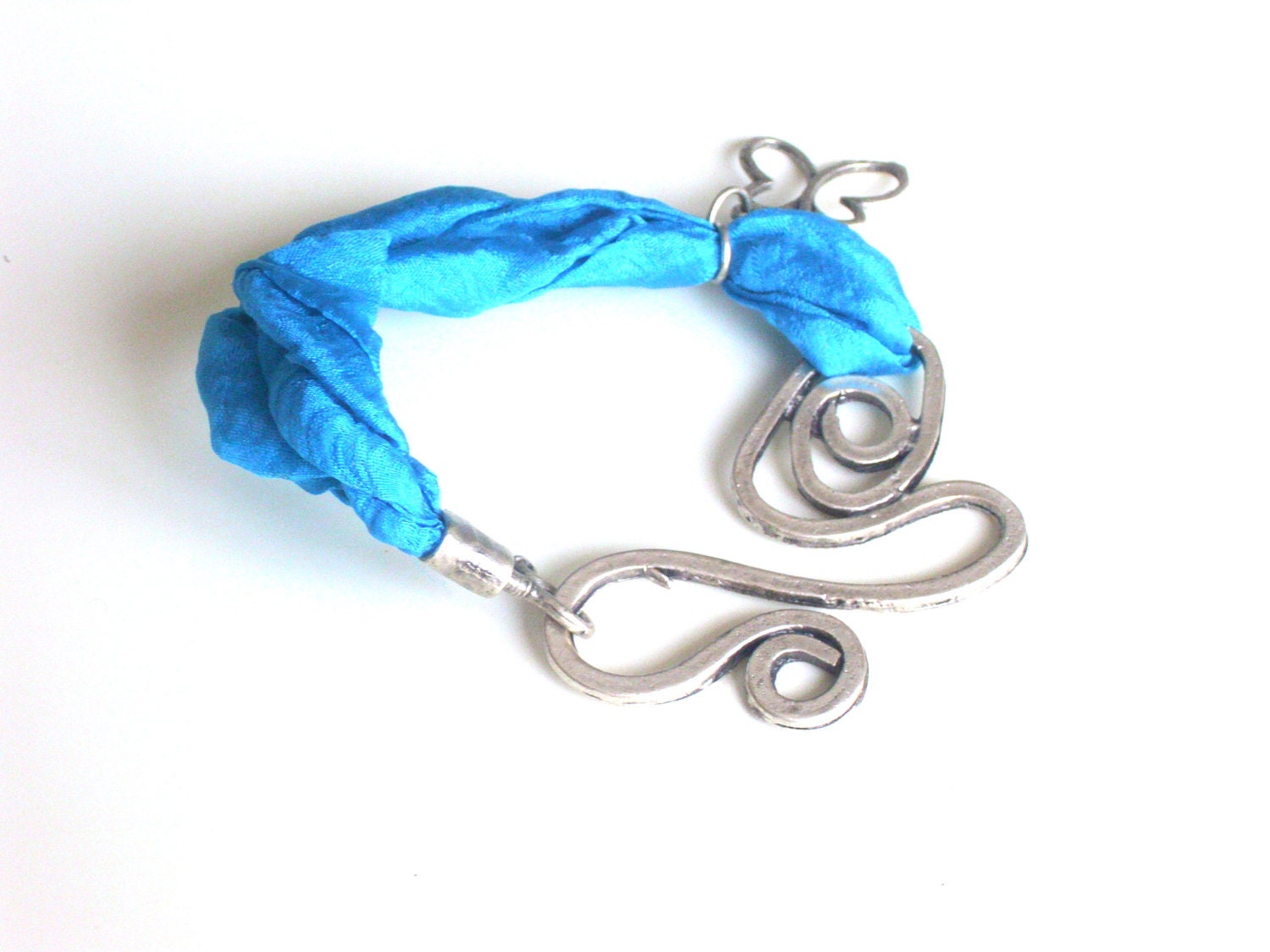 Silver plated metal charm and blue silk bracelet ( silk , blue, butterfly, silver plated)