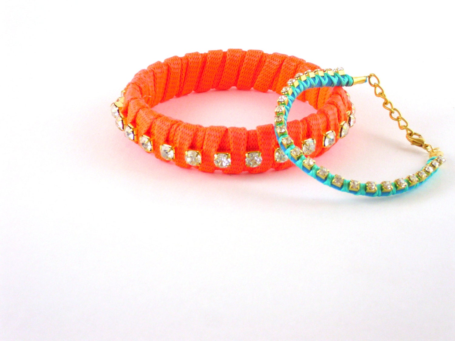 Neon orange and  turquoise crystal bracelet