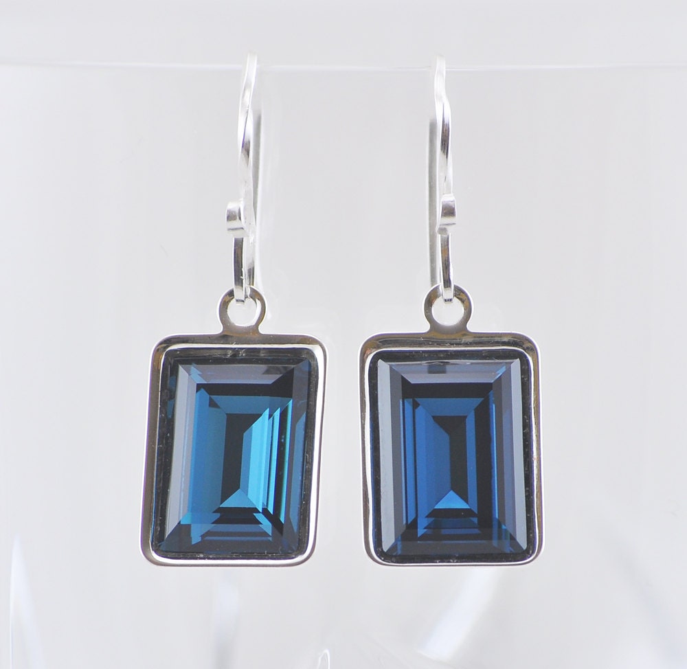 Emerald Cut Swarovski Crystal Earrings, Rectangle Dangle Earrings, Drop, Glass Earrings, Sterling Silver, Montana Sapphire, Navy Blue