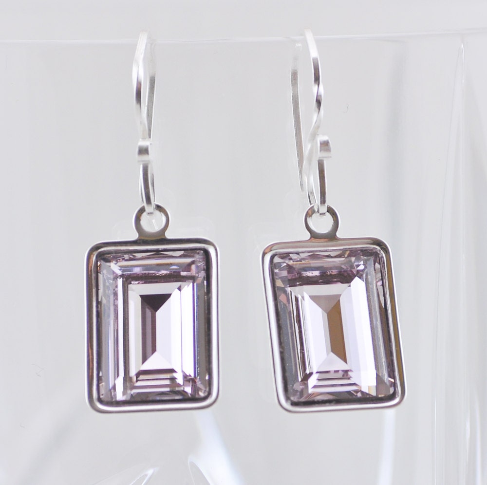 Swarovski Earrings, Emerald Cut, Crystal Glass, Rectangle Dangle Earrings, Octagon Drop, Sterling Silver, Light Amethyst Purple, Lavender
