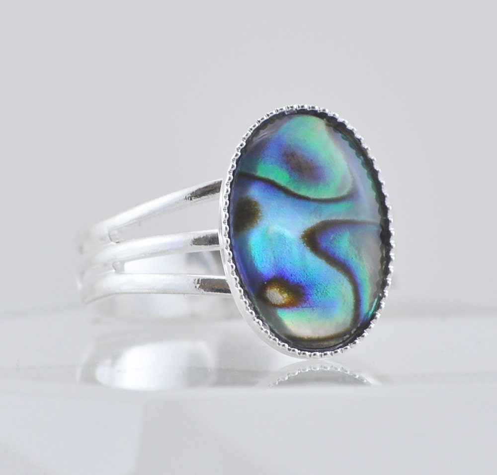 Abalone Shell Ring, Iridescent Cream, Swirls of Color, Thick Silver or Gold Adjustable Band, Fits Sizes 6, 7, 8 and 9, Winter Fashion