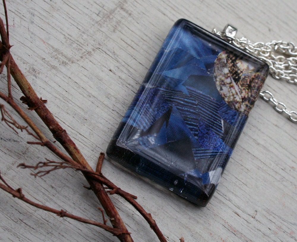 Original Art Collage Pendant Midnight's Majesty Glass Tile Pendant Necklace made from recycled magazines