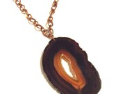 Large Brown Geode with Long Decorative Copper Chain Necklace - Honey Brown Agate Slice Pendant - Bada Bling