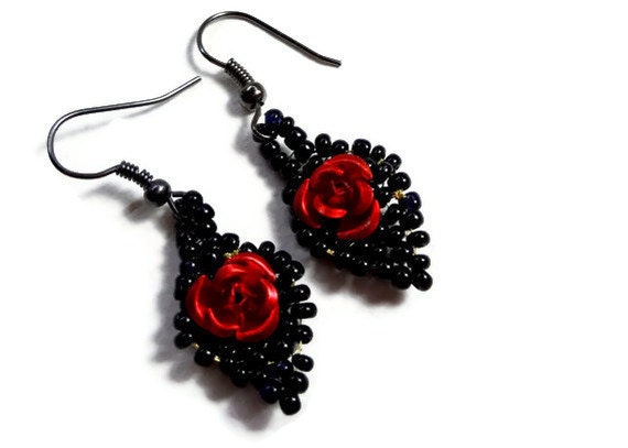 Black and Red Earrings Beaded and Dangling from Surgical Stainless Steel Hooks or Clip Ons