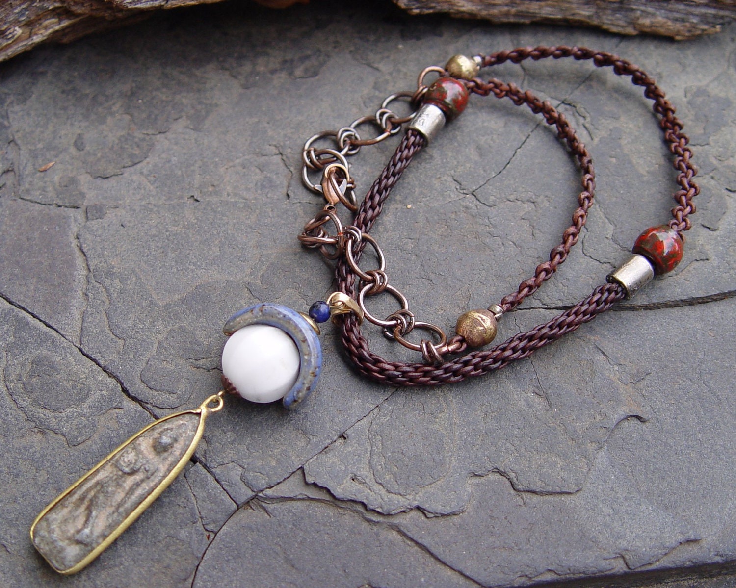 Thai Buddhist Amulet Pendant, Leather Kumihimo, Stoneware Crescent, Stone, African Brass and Handmade Copper Chain Necklace