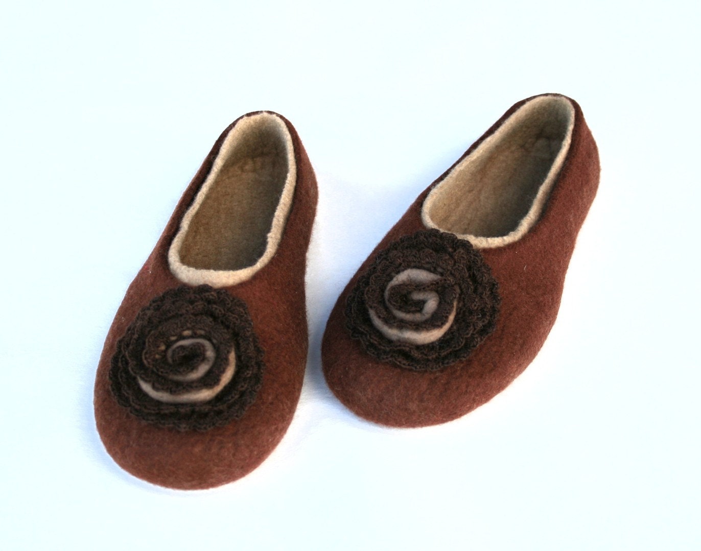 Felted Slippers French roast with handmade crocheted lace - kadabros