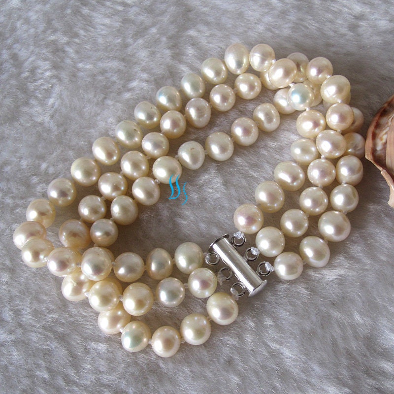 Pearl Bracelet - 8 inches 3 Row 7-8mm White Freshwater Pearl Bracelet - Free shipping