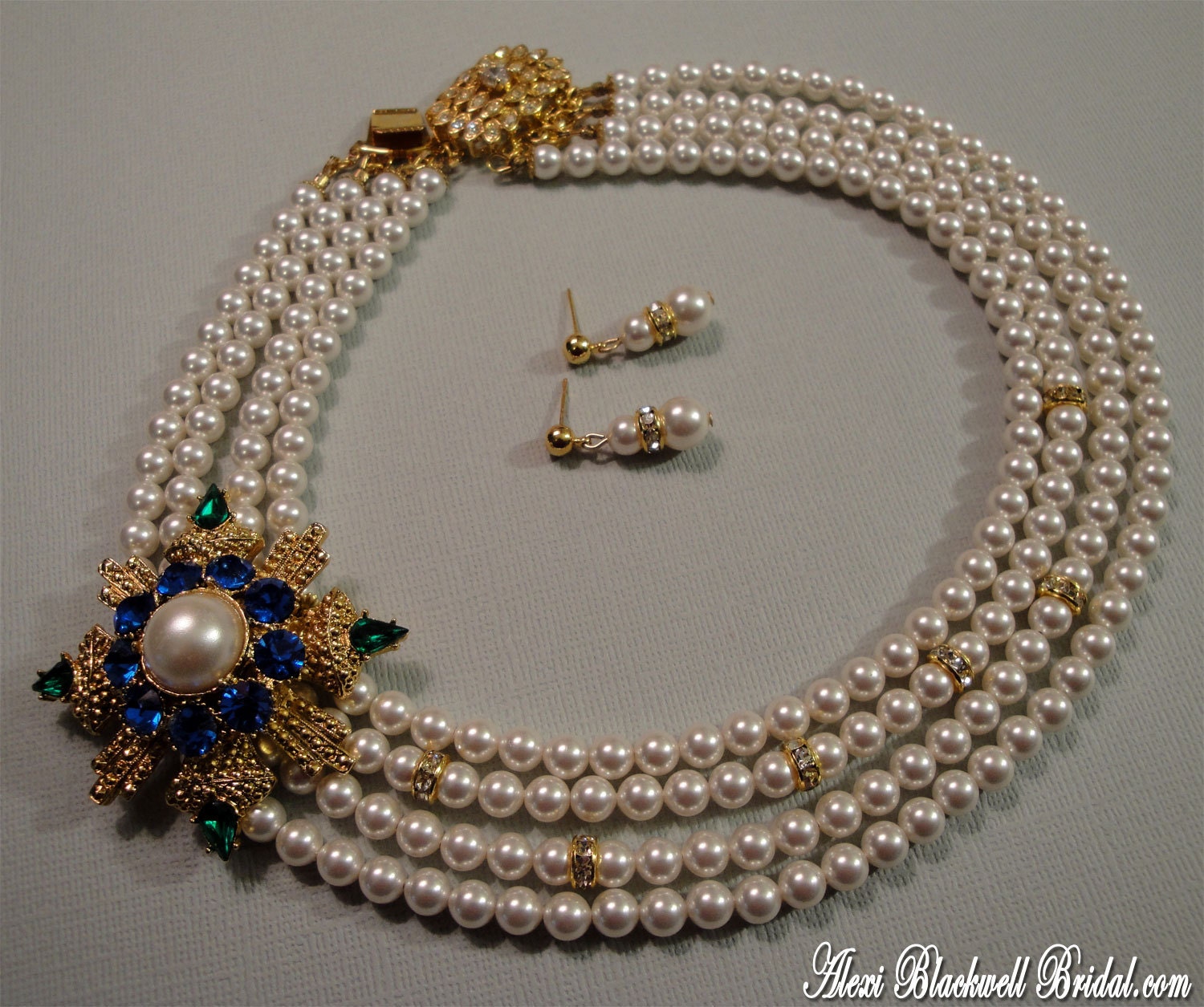 Brooch Necklace Set - Swarovski Pearls Four 4 Multi Strands in White or Ivory - Gold Rhinestone accents wedding bridal jewelry