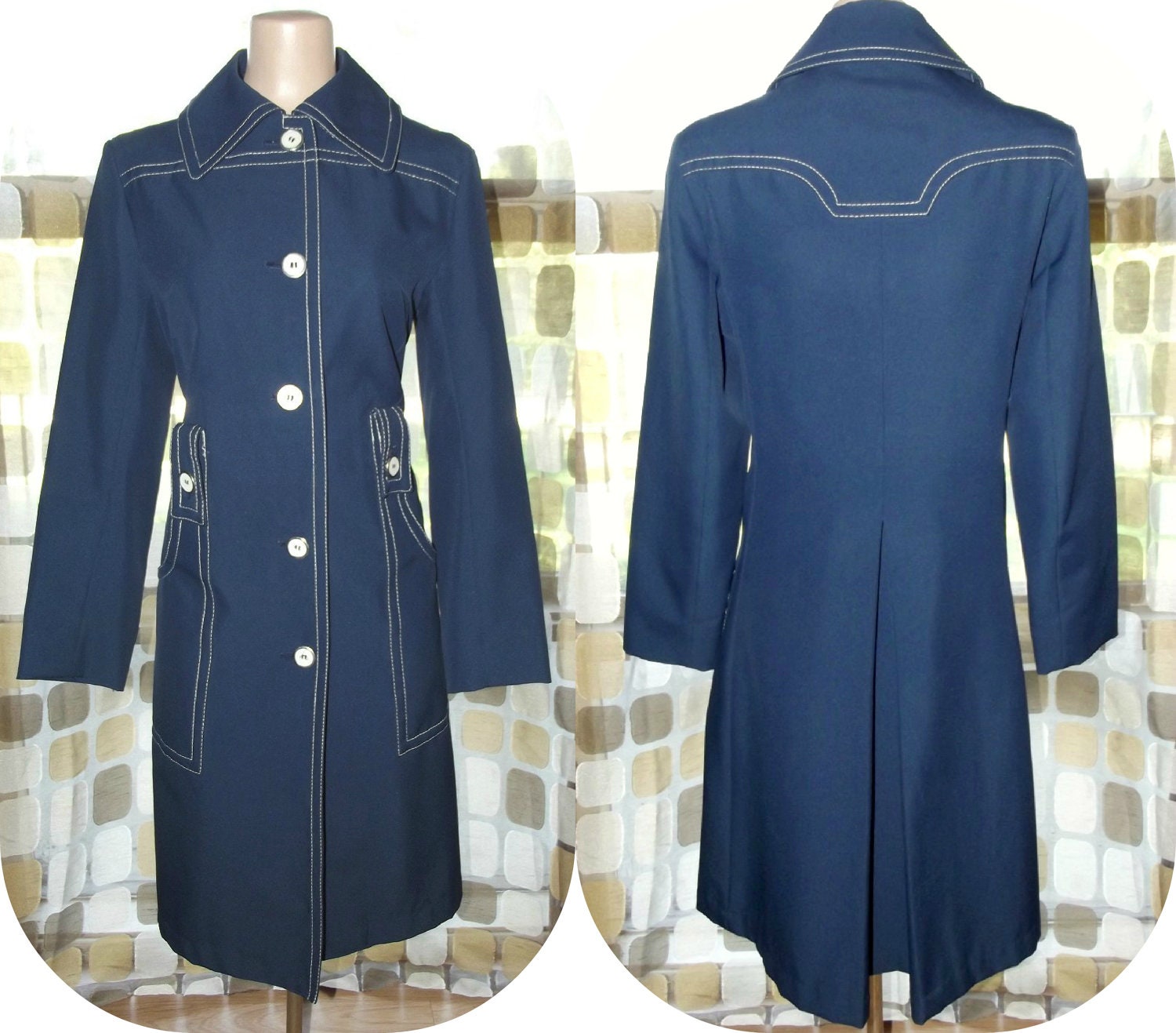 Vintage 60s MOD Navy Blue All Weather Mini Trench Coat 10/M/L Waterproof Rain Shine Jacket