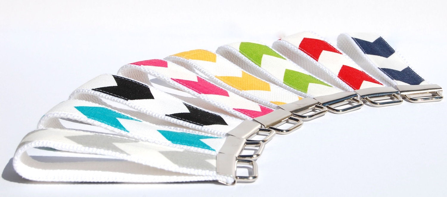 Chevron Key Fob Wristlet Keychain Yellow Black Red Turquoise Blue Gray Pink Green - With Split Ring