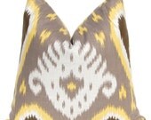 MEMORIAL DAY SALE Decorative Throw Pillow Covers Ikat Pillows 20 x 20 Taupe with Brown and Sunny Yellow Accents Same Fabric Front and Back