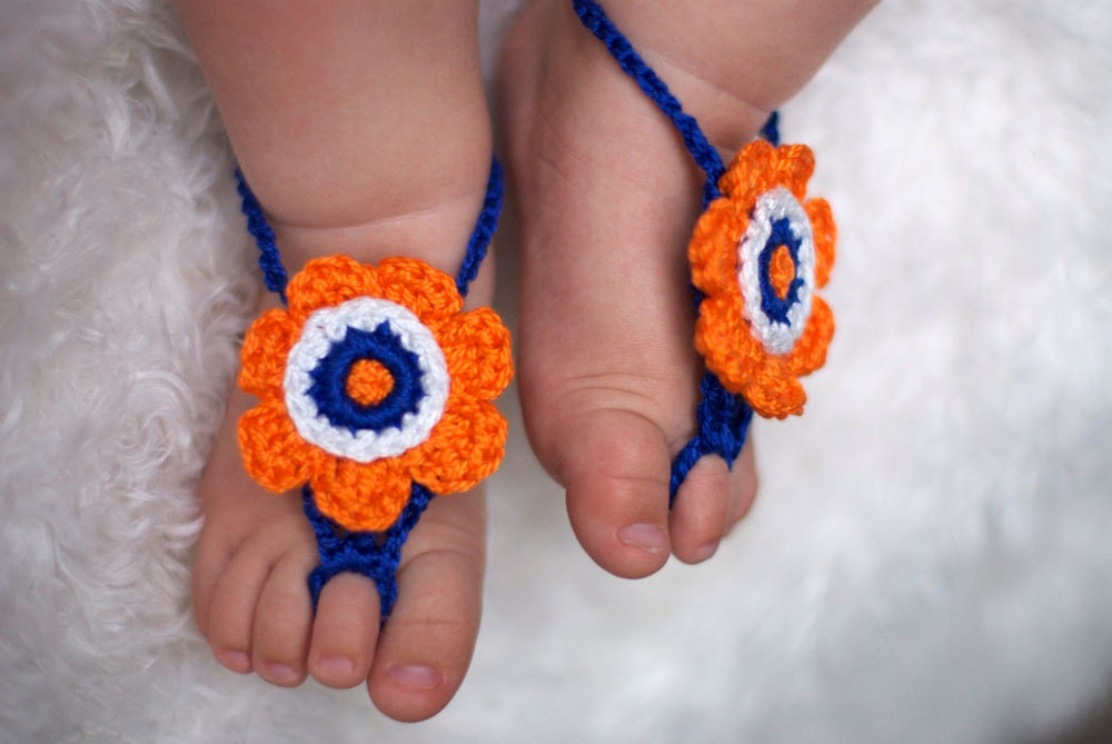 Baby Barefoot Sandals. Girl Orange, Blue and White, stylish foot wear for those tiny earth bound toes.