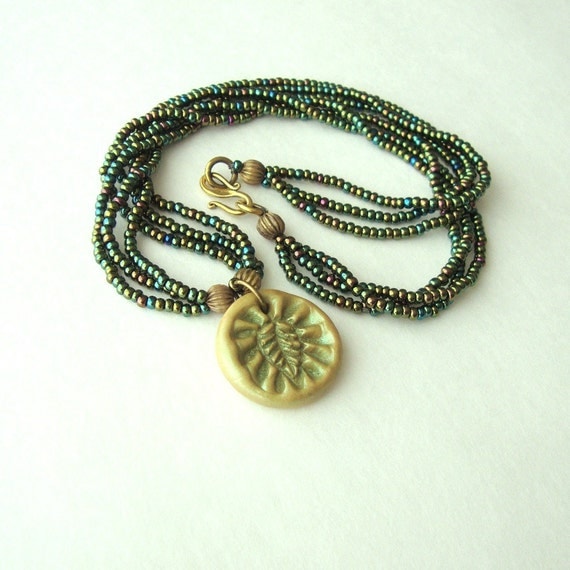 Jewelry Necklace Rustic Polymer Leaf Pendant Shimmer Green Pearl Three Strand Seed Bead