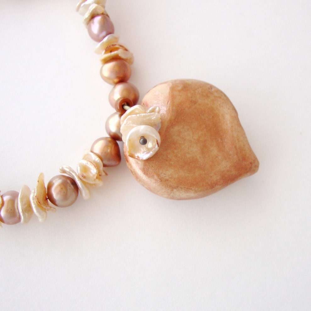 Jewelry Necklace Rose Colored Heart Pendant Coppery Pearls Keshi Accents