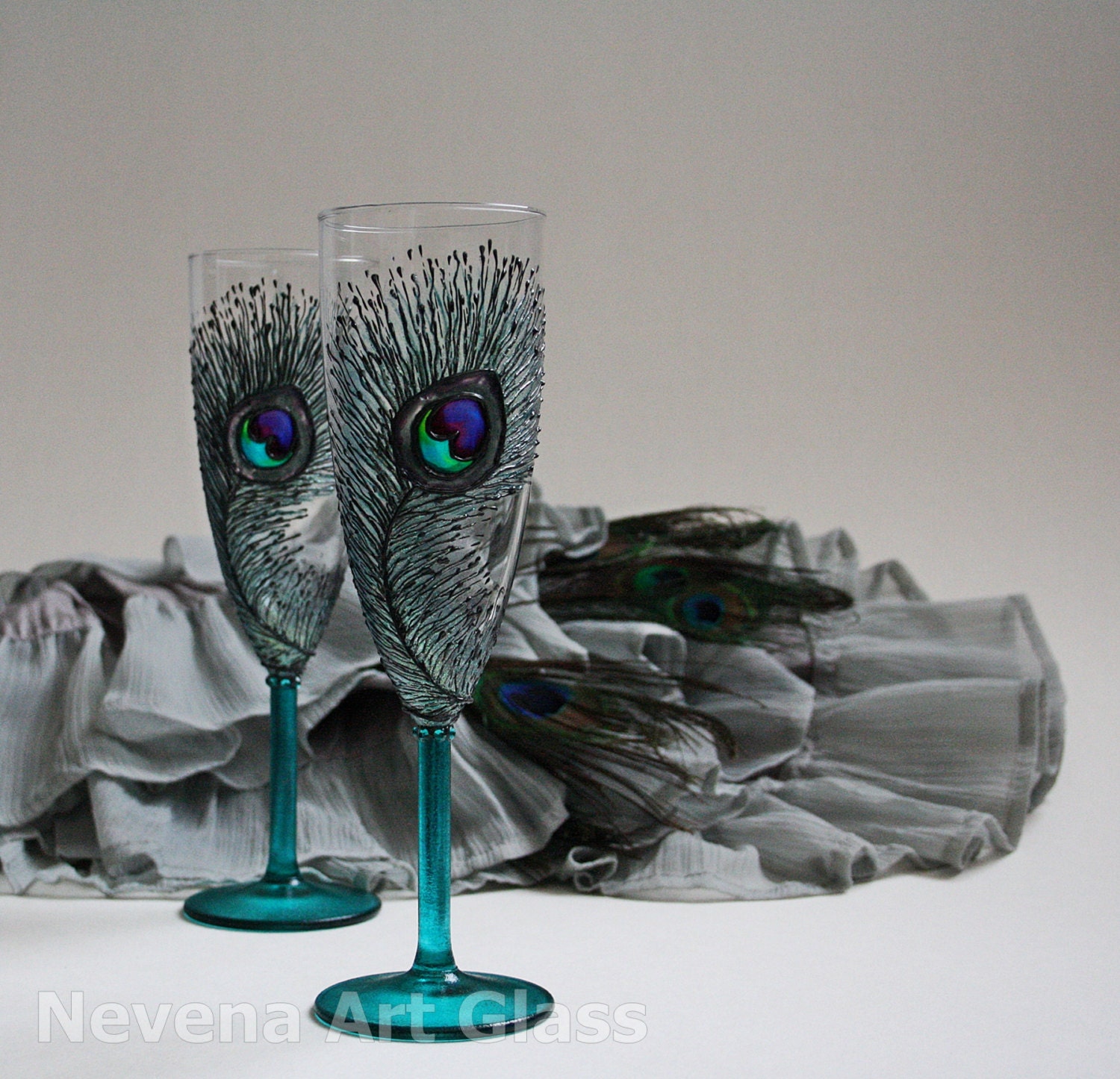 Wedding Glasses Hand Painted Champagne Flutes Peacock Design Teal Turquoise Emerald Purple Swarovski Crystals