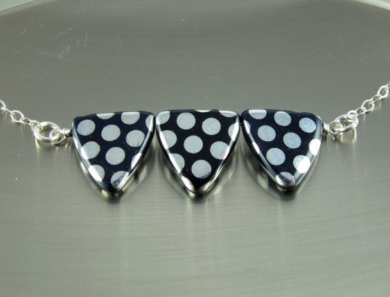 Black and Silver Necklace with Czech Glass Polka Dot Triangles, Shiny Finish, Sterling Silver Chain, Silver Filled Clasp