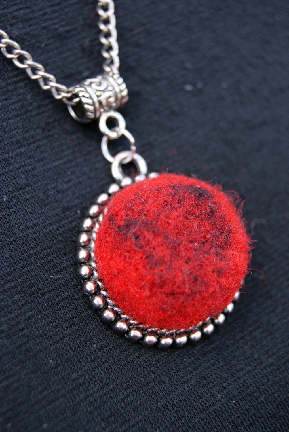 Elena's Felted Jewelry - Red Black Round Pendant Christmas Gift