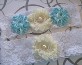 Something blue lace bridal garter set, ivory and tiffany blue vintage style garter set