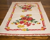 Table Runner Vintage Fruit Print on white with Red Border / Retro Table Runner