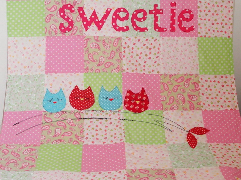 Quilt baby and toddler girls pink and green, owls handmade quilt owls applique quilt
