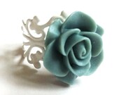 Something Blue Bridal Ring with Vintage Blue Rose on a white filigree band in ivory organza gift bag wedding ring bride floral feminine