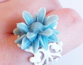 Something Blue Bridal Ring with Robins Egg Blue Daisy on White Band in an ivory organza gift bag handmade bride wedding floral rose ring