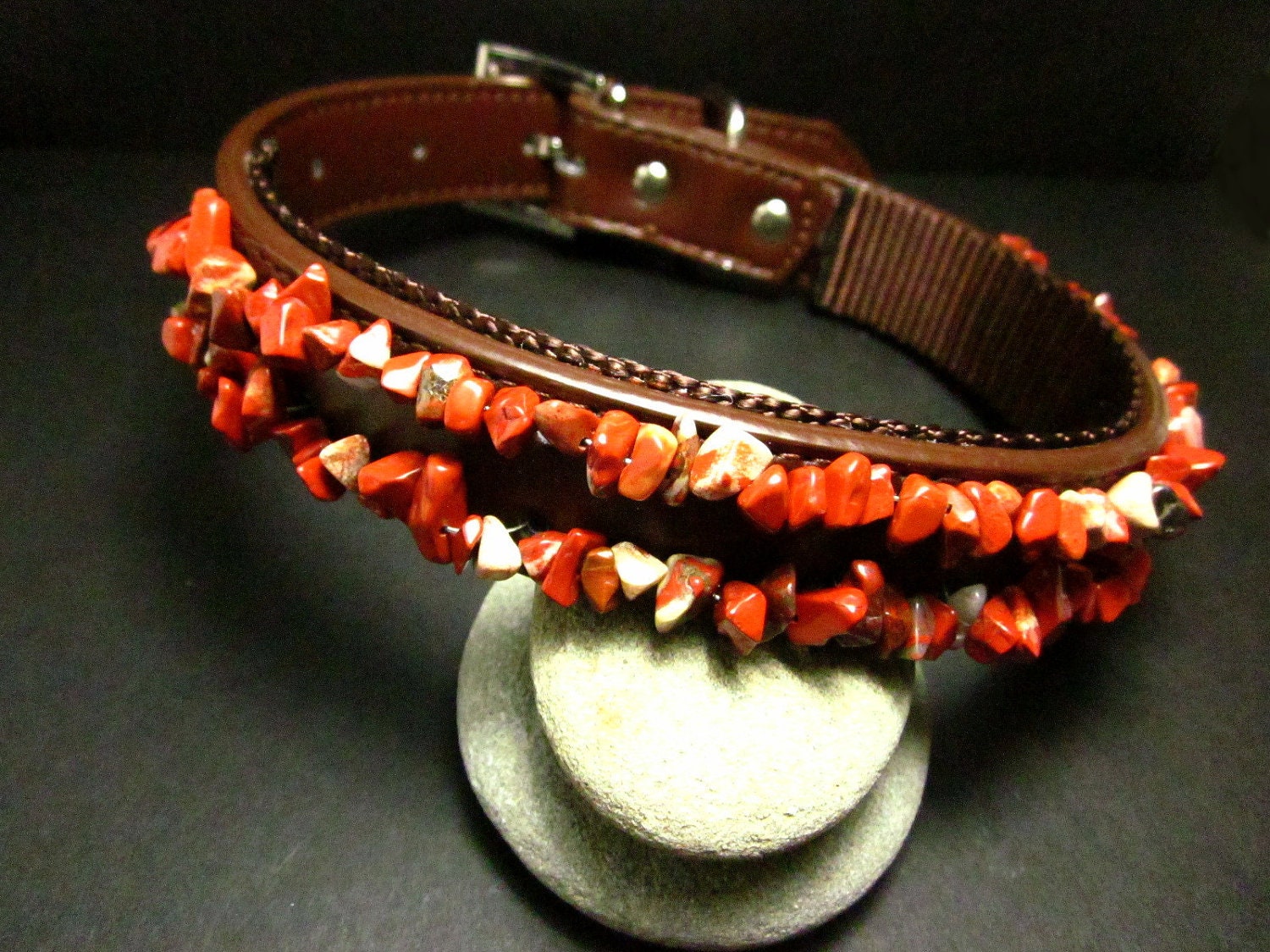 Large Brown Leather Beaded Dog Collar with Red Jasper Chip Beads