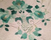 Vintage Large Rectangle Tablecloth White with Green Applique Flower Design with Cut Out Detailing Irish