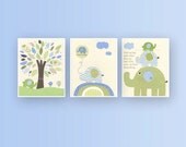 Baby boy nursery wall art, baby boy decor, boy nursery print // Nursery set of 3 8x10 // Eli Elephant by Pottery Barn // Blue green cream