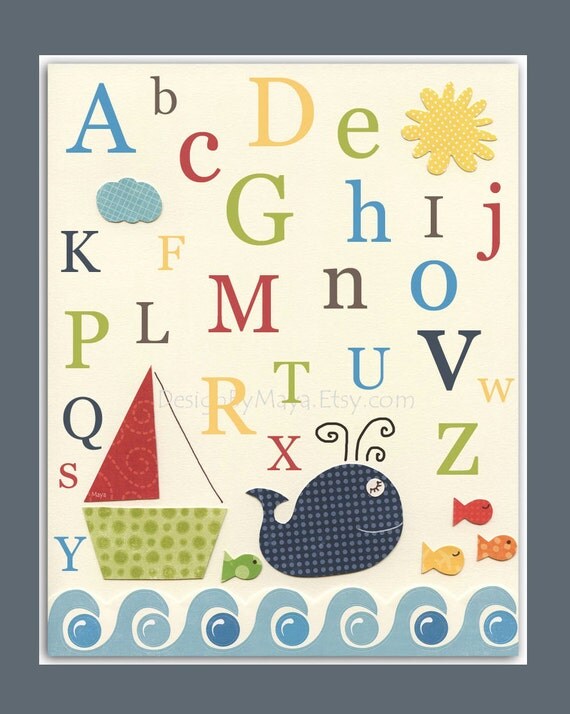 Nursery wall art, Baby room print, Nursery Decor, Art for Kids Room, Alphabet...ABC..baby whale, fish, nautical print
