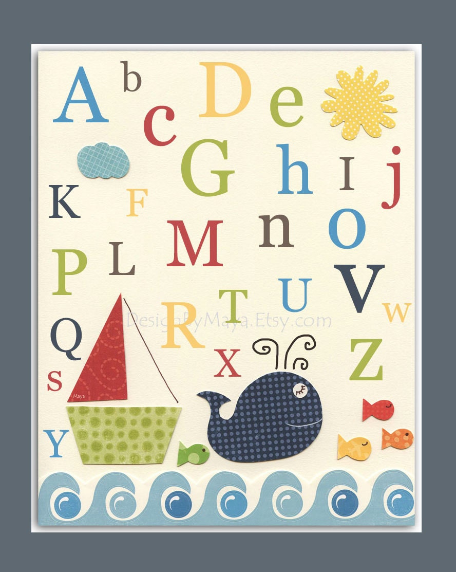 Nursery wall art, Baby room print, Nursery Decor, Art for Kids Room, Alphabet...ABC..baby whale, fish, nautical print