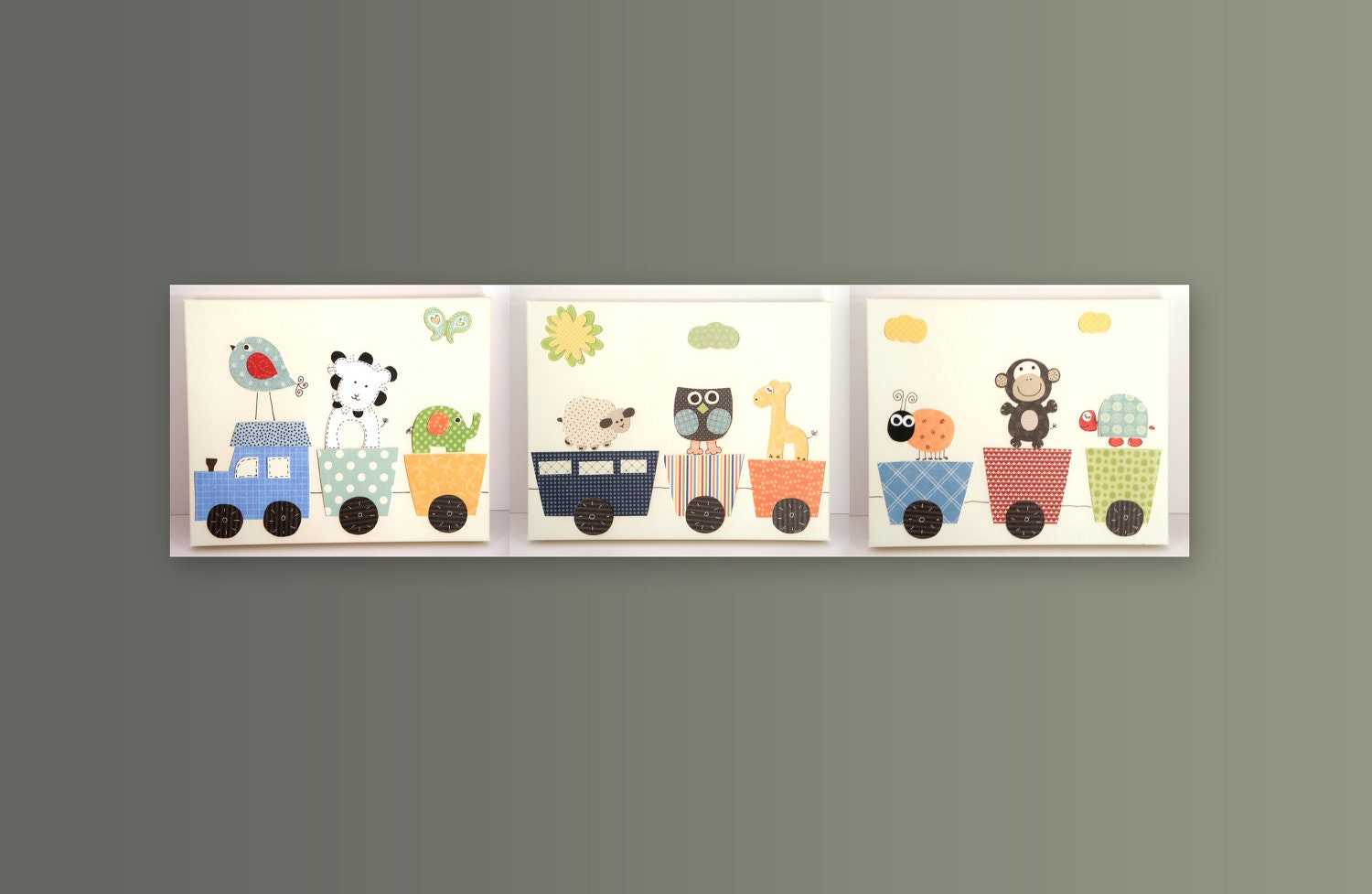 Baby Nursery Art, Set of 3 8X10, Baby Art Print, Baby Room, Choo Choo Train, Owl, Elephant, Giraffe, CANVAS Gallery Wrap, original artwork