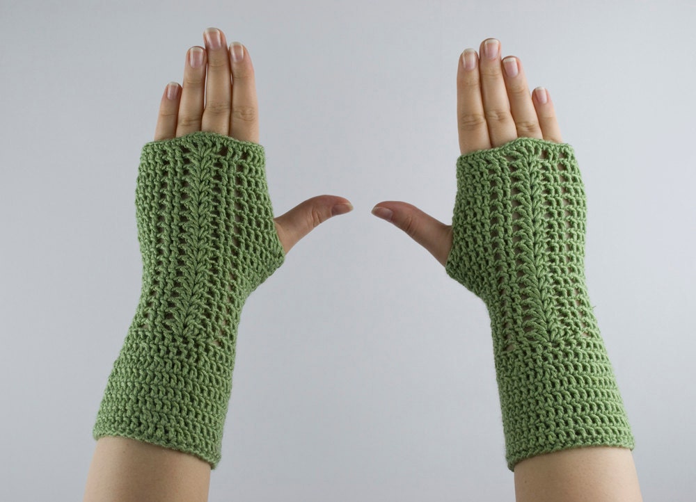 fingerless gloves crochet green arm wrist warmers lace walk in the park fall fashion for her - bamboo cotton yarn