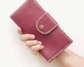 Leather Folded Wallet in Red Violet with Edge Lacing, Handmade
