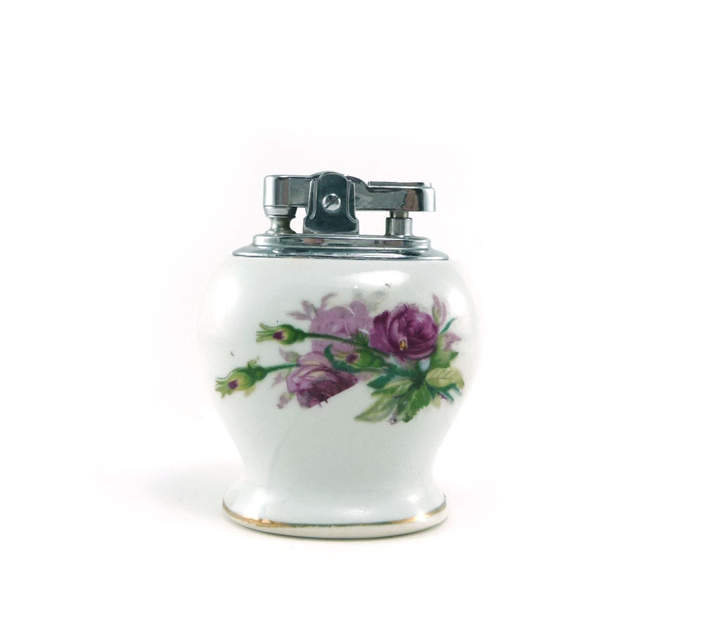 Vintage table lighter - rhapsody purple floral ceramic lighter