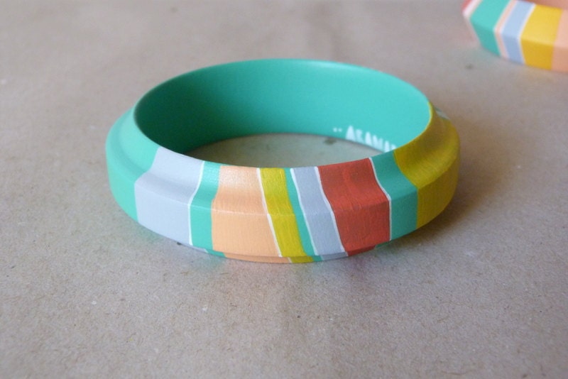 NEW  Pastel colours handpainted wooden bracelet - turquoise, peach, grey, white, yellow and pink